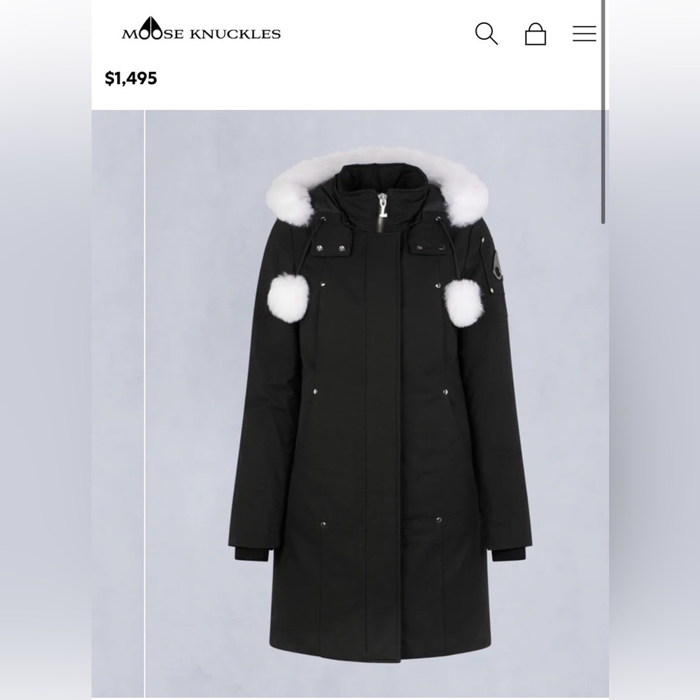 Moose Knuckles Black Parka Coat with White Fur Trim
